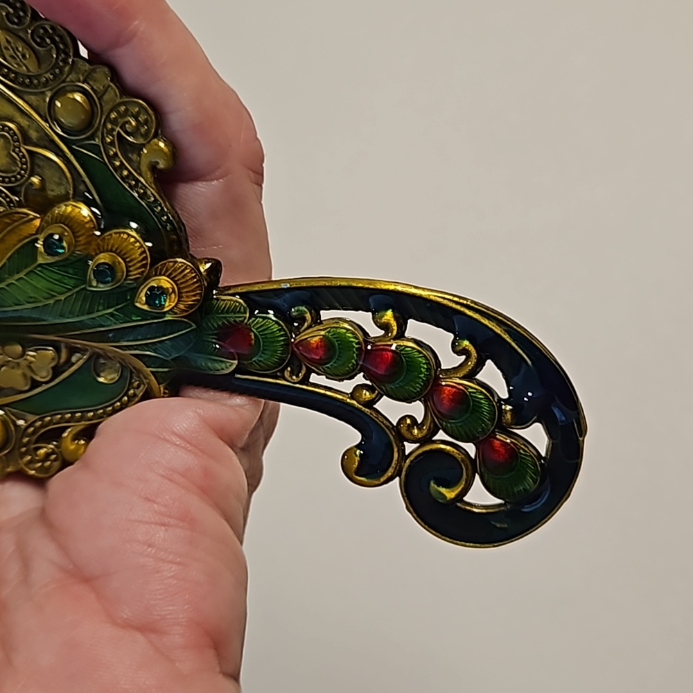 Peacock hand mirror comb vanity set enamel rhinestones hair accessories decor - Picture 7 of 7